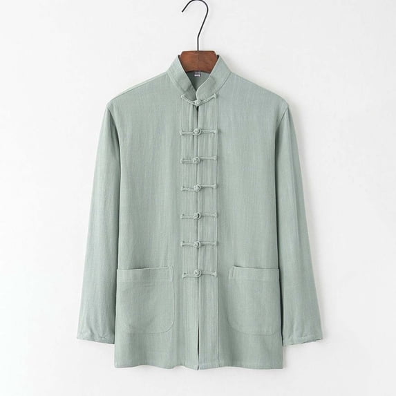 Aobny T Shirts for Man Solid Cotton Linen Button Up Polos Collared Big & Tall Long Sleeve Oversized T Shirt,Green,5XL
