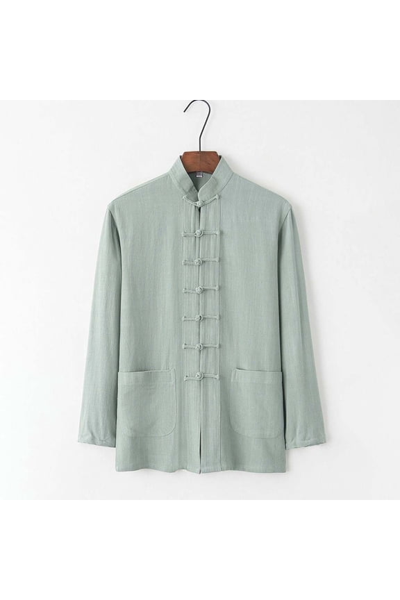 T Shirts for Man Solid Cotton Linen Button Up Polos Collared Big & Tall Long Sleeve Oversized T Shirt,Green,XXL