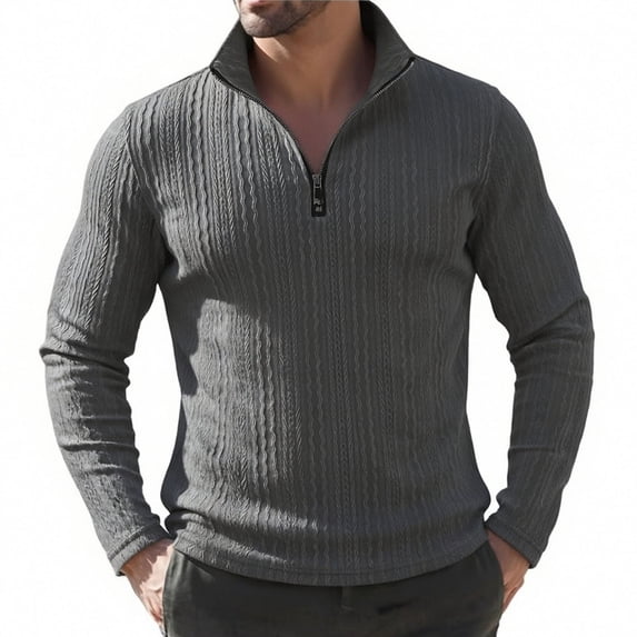 Aobny T Shirts for Man Zip Solid Jacquard Clothing Long Sleeve High Neck T-Shirts for Man,Gray,L