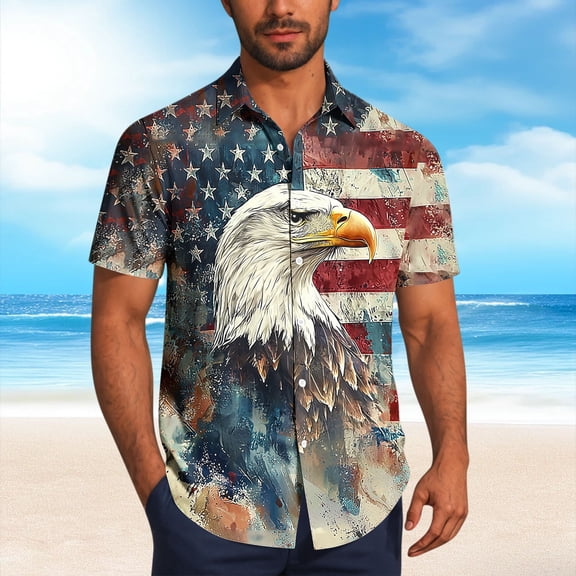 Aobny T-Shirts for Men American Flag Fourth of July Polos Collared Big & Tall Short Sleeve Tee Shirts Mens,White,L