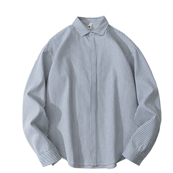 Aobny T-Shirts for Men Striped Button Up Oversized Tees Polos Collared Big & Tall Long Sleeve T-Shirts,Blue,M