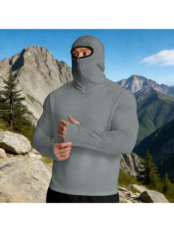 T-Shirts for Men Sun Shirt Solid with Mask Clothes Long Sleeve Hooded Big & Tall Mens Shirts Casual,Gray,XL