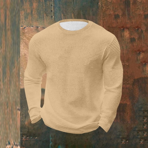 Aobny T-Shirts for Men Waffle Oversized Plain Shirts Big & Tall Crew Neck Muscle Long Sleeve Tshirt,Khaki,L