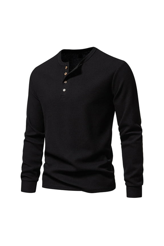 T Shirts for Men Waffle Solid Button Up Tshirts Henley Long Sleeve Beach Shirts for Men,Black,XXL