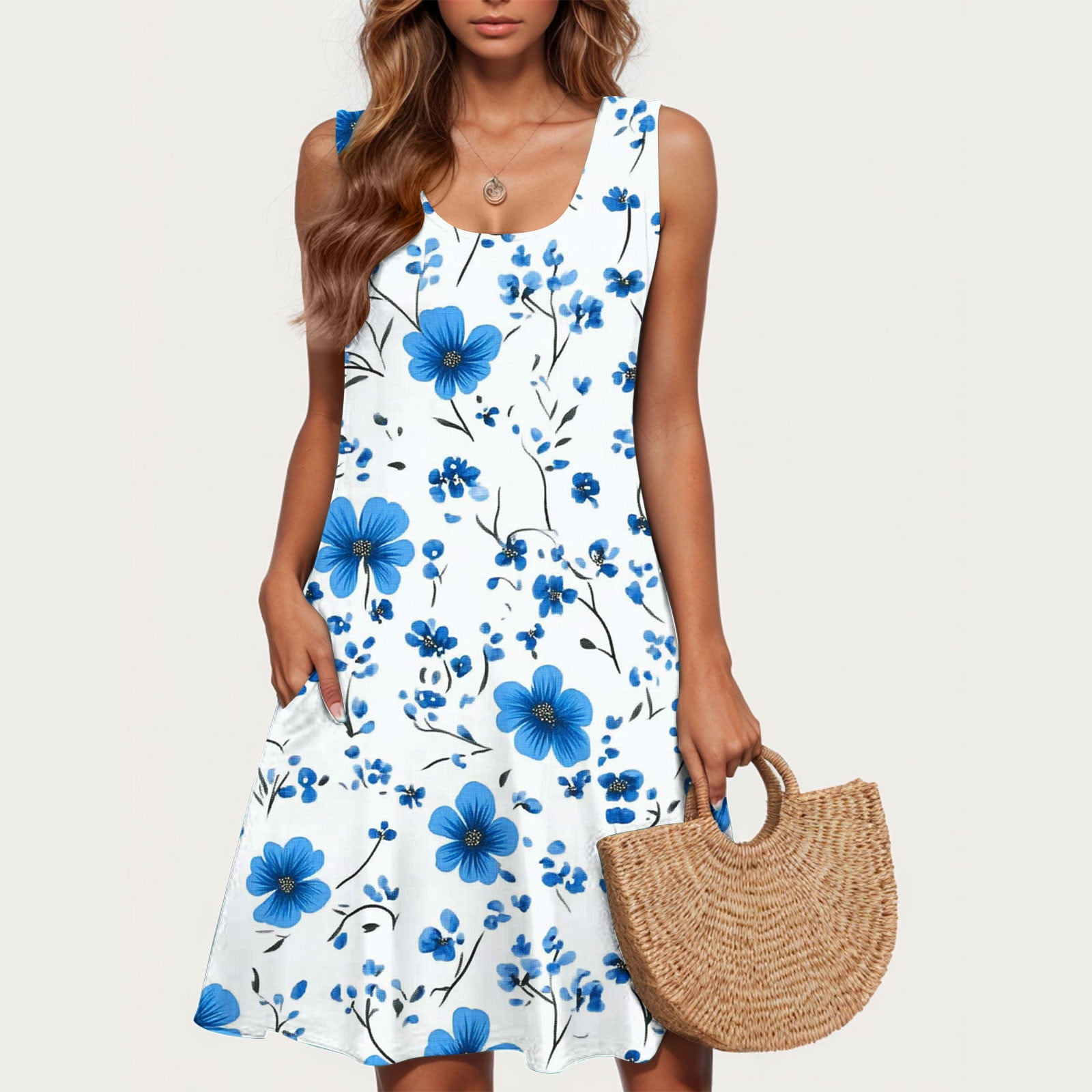 Aobny Tank Dress Garden Dresses for Women Floral Flower Sundress Mini ...