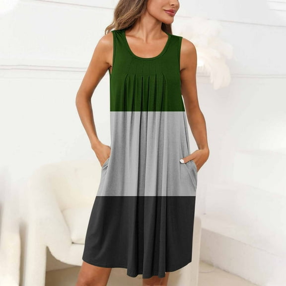 Aobny Tank Nightgown for Woman Green Color Block Ruched Sleeveless Short Crew Neck Womens Nightgown,Women's