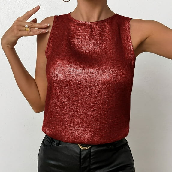 Aobny Tank Tops Plus Size Clothes for Women Red Sparkly Sleeveless High Neck Tees Tube Womens Winter Clothes,L