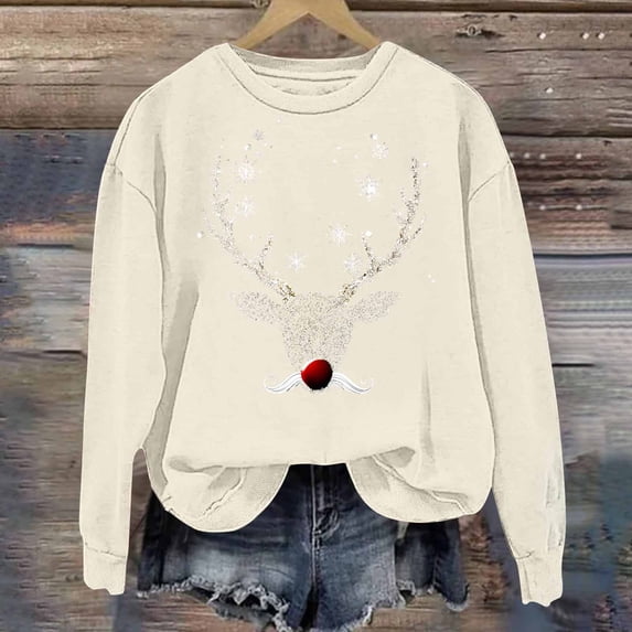 Aobny Teacher Shirts for Women Crew Neck Long Sleeve Christmas Beige Sweatshirts Pullover Holiday Tops Women,S