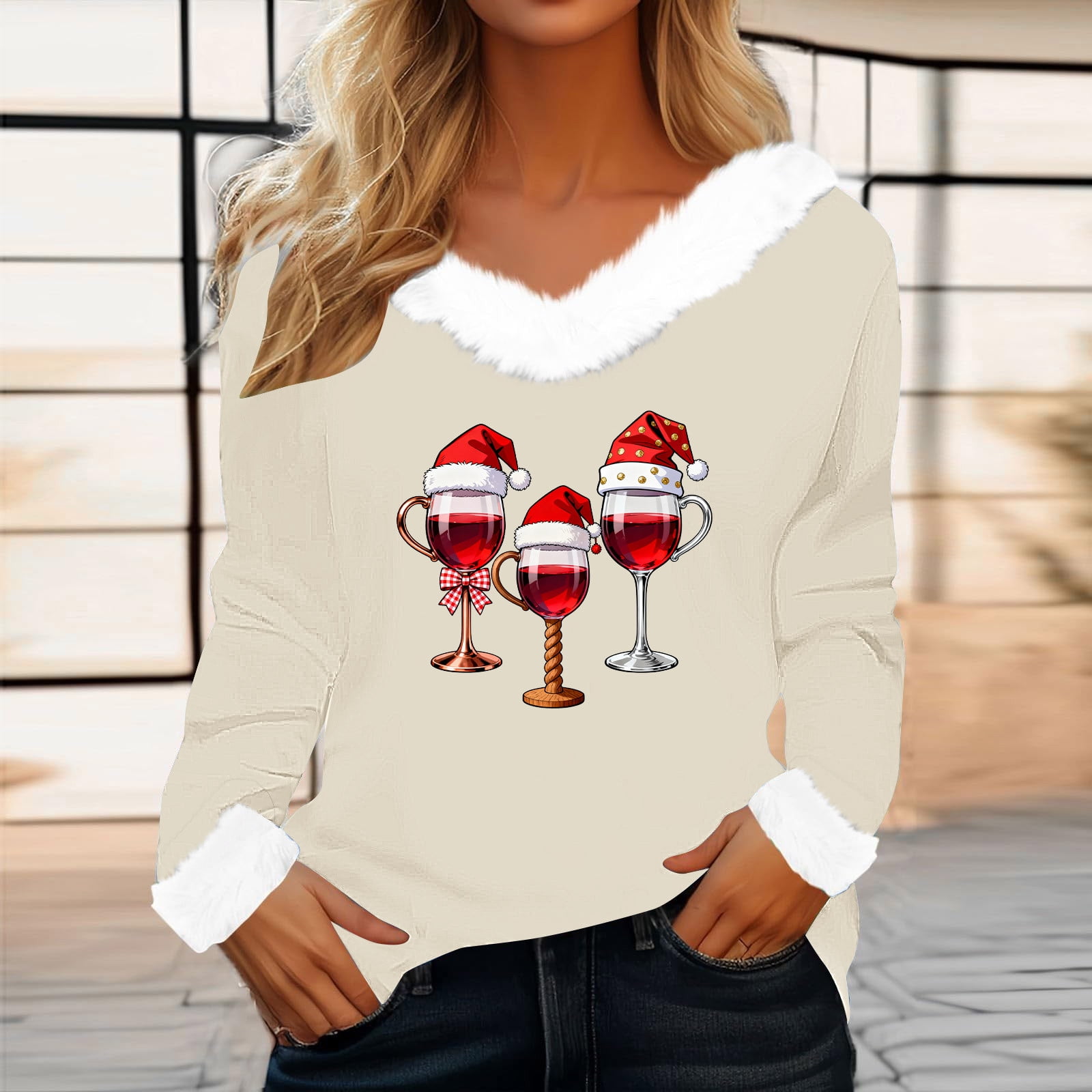 Aobny Tee Shirts Fuzzy Women Christmas T-shirts Long Sleeve V-Neck ...