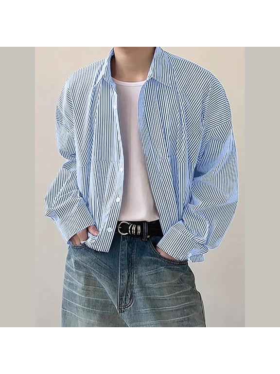 Tee Shirts Mens Loose Fit Striped Button Up Tshirt Collared Polos Long Sleeve Casual Shirts for Men,Blue,L