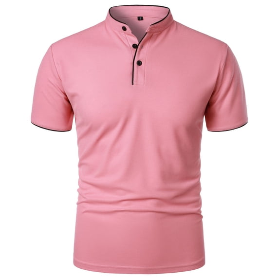 Aobny Tee Shirts Mens Solid Button Polyester Tshirt Big & Tall Short Sleeve Polos Collared Oversized Tee,Pink,S