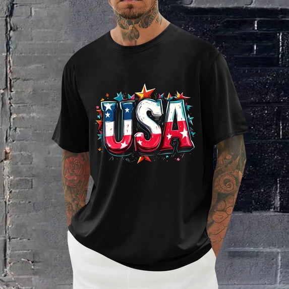 Aobny Tee Shirts USA Patriotic Fourth of July Mens T-Shirts Short Sleeve Crew Neck Big & Tall Shirts for Men,Black,M