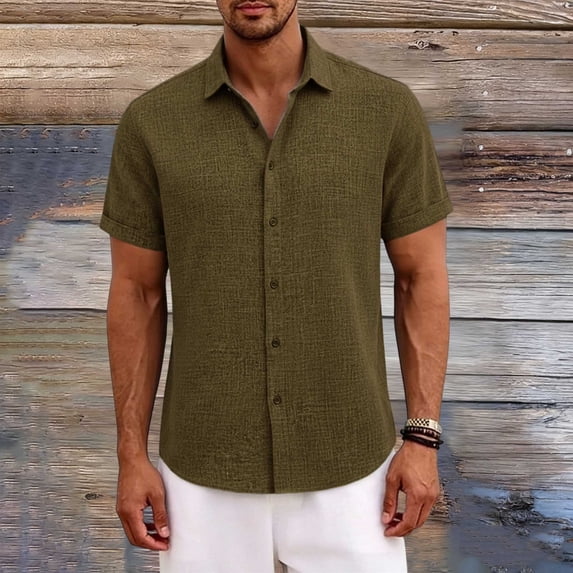 Aobny Tees Button Down Solid Linen Mens Clothing Polos Collared Short Sleeve Big & Tall Tee Shirts Mens,Green,L