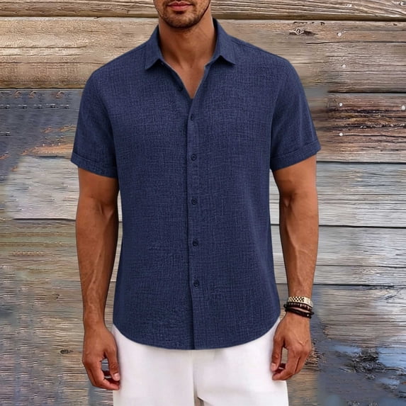 Aobny Tees Button Down Solid Linen Mens Clothing Polos Collared Short Sleeve Big & Tall Tee Shirts Mens,Navy Blue,XXL