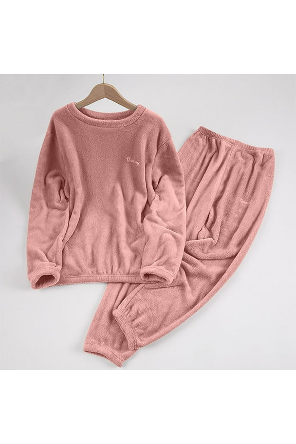 Thermal Airport Outfit Velvet Women Pink Sleepwear Long Sleeve Cuffed Ankle Crew Neck Winter Clothes for Women,S