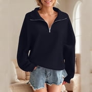 Aobny Thermal Going Out Outfits for Women Long Sleeve Turtleneck Quarter Zip Black Sweatshirts Pullover Classy Tops for Women,L