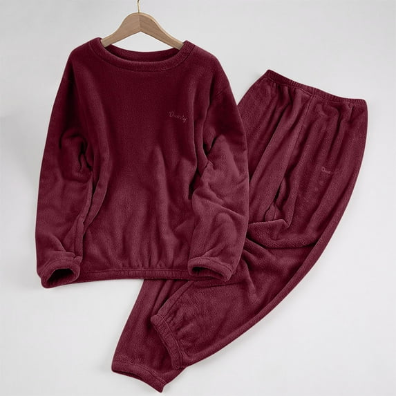 Aobny Thermal Travel Outfits for Women Red Velvet Lounge Sets Crew Neck Ankle Long Sleeve Cuffed Women Pjs,L