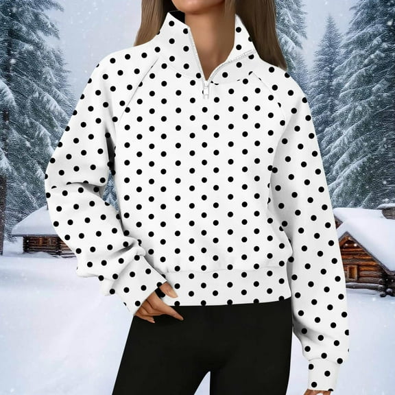 Aobny Thermal Womens Christmas T Shirts Polka Dot Zip-Up Sweatshirt Long Sleeve Turtleneck White Fall Tops for Women 2025,S