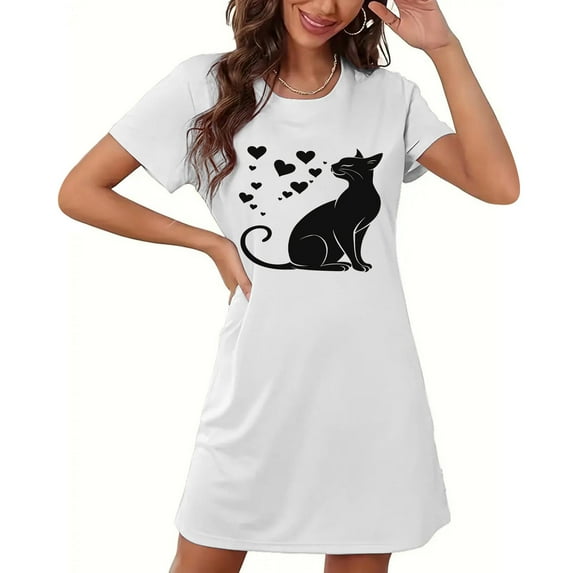 Aobny Thin Louge Nightgowns for Women's White Cat-Print Sleep Dresses Crew Neck Short Sleeve Short Adults Tops Soft