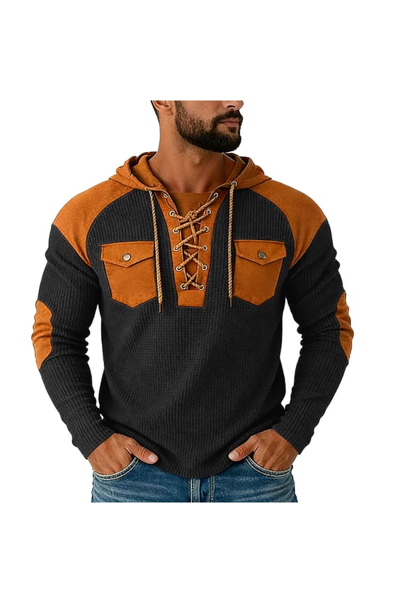 Tie Front T Shirts for Man Waffle Color Block Shirts Long Sleeve Hooded Big & Tall Mens T Shirt,Black,XL