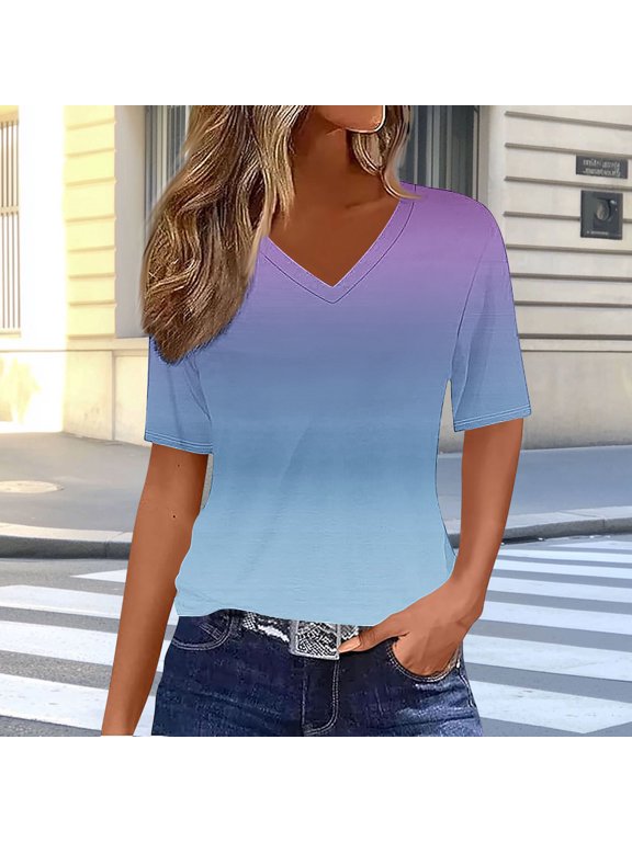 Tops Women Blue Cooling Gradient T-Shirt V-Neck Elbow-Length Women's Tops Dressy Casual