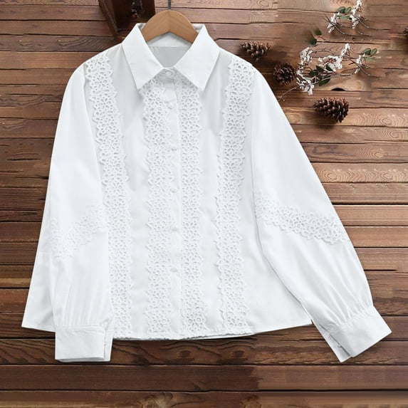 Aobny Tops for Women Trendy White Office Lace Blouse Collared Long Sleeve Plus Size Blouses for Curvy Women