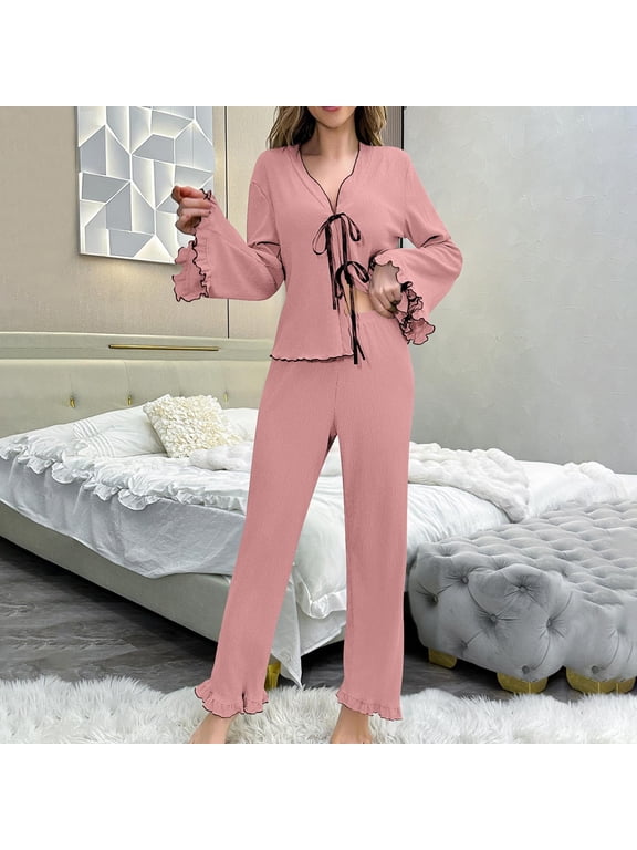 Travel Clothes Women Pink Ruffle Petite Lounge Sets Full Long Sleeve Loose V-Neck Ladies Pajamas Sets,XS
