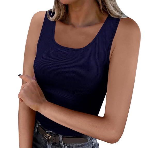 Aobny Trendy Casual Women's Tank Tops Basic Ribbed Blue Tops Crew Neck Solid Muscle Tops for Junior