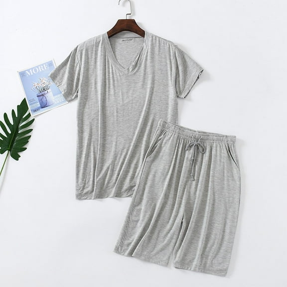 Aobny Trendy Men's Pajamas 2 Piece Modal Gray Sleepwear Sets V-Neck Solid Short Short Sleeve Pjs for Adult Spring