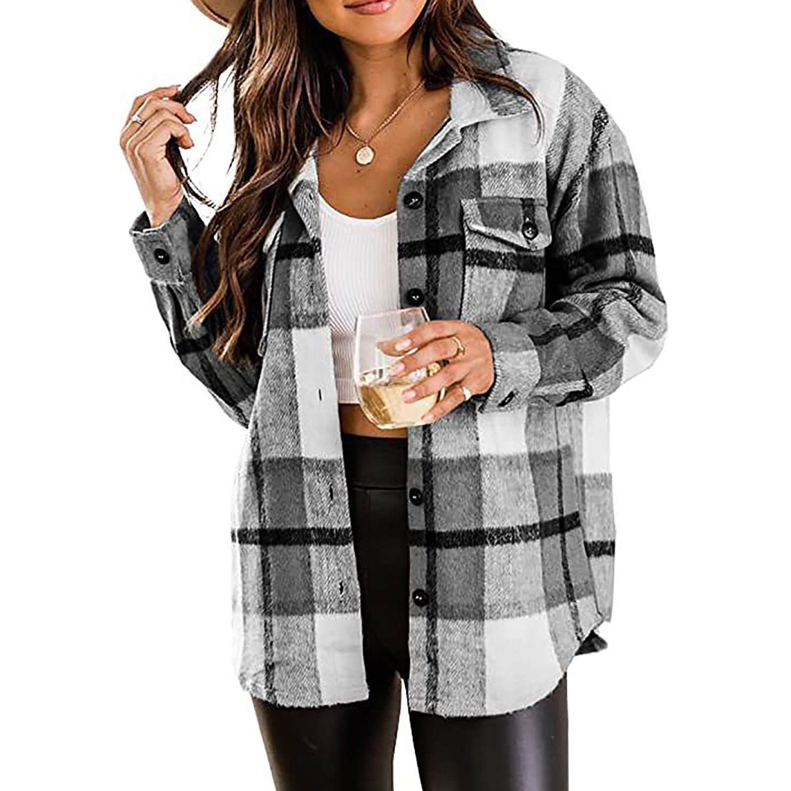 Aobny Trendy Womans Shirts Gray Button Down Flannel Plaid VNeck Long
