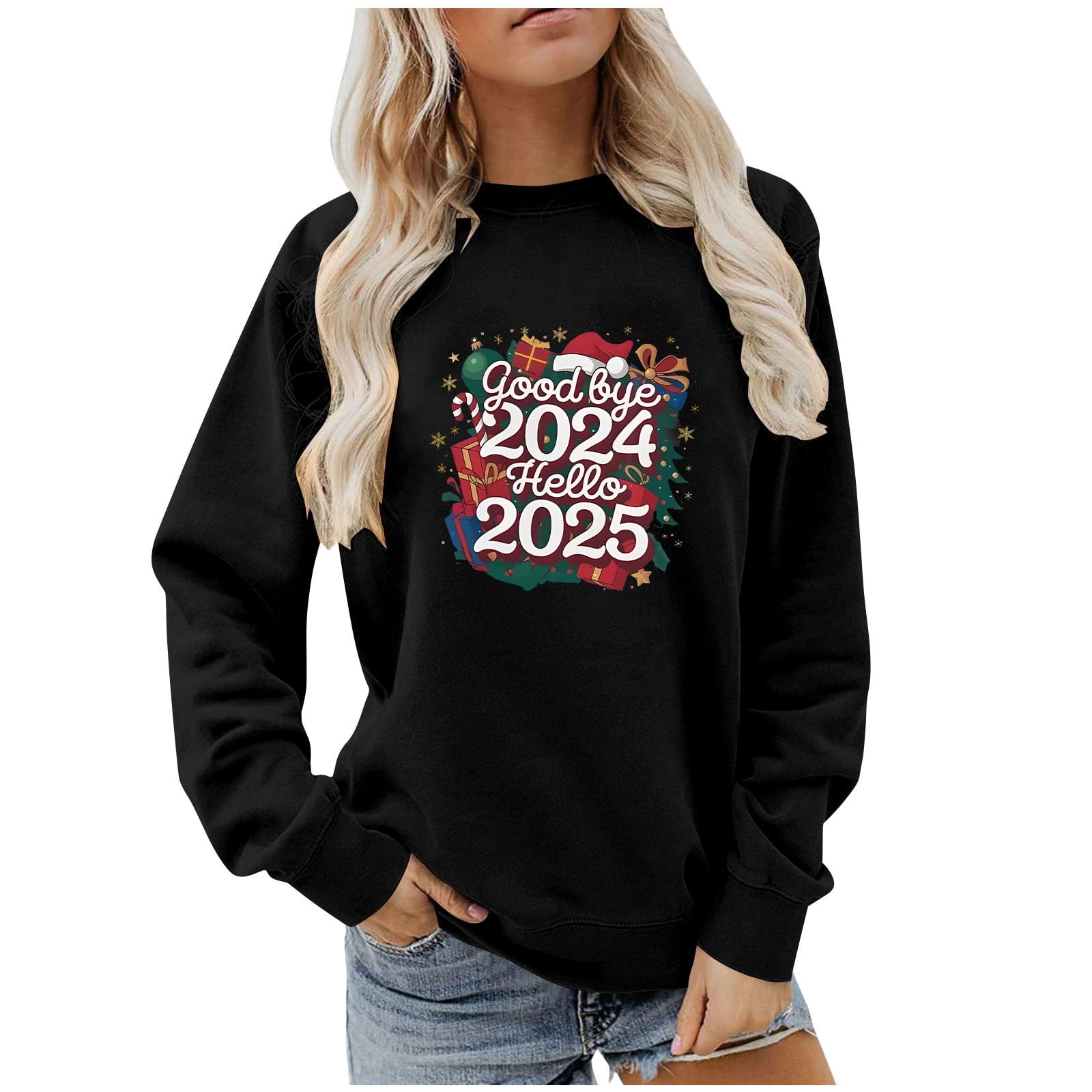 Aobny Trendy Womens Sweatshirts Black New Year 2025 Crew Neck Polyester