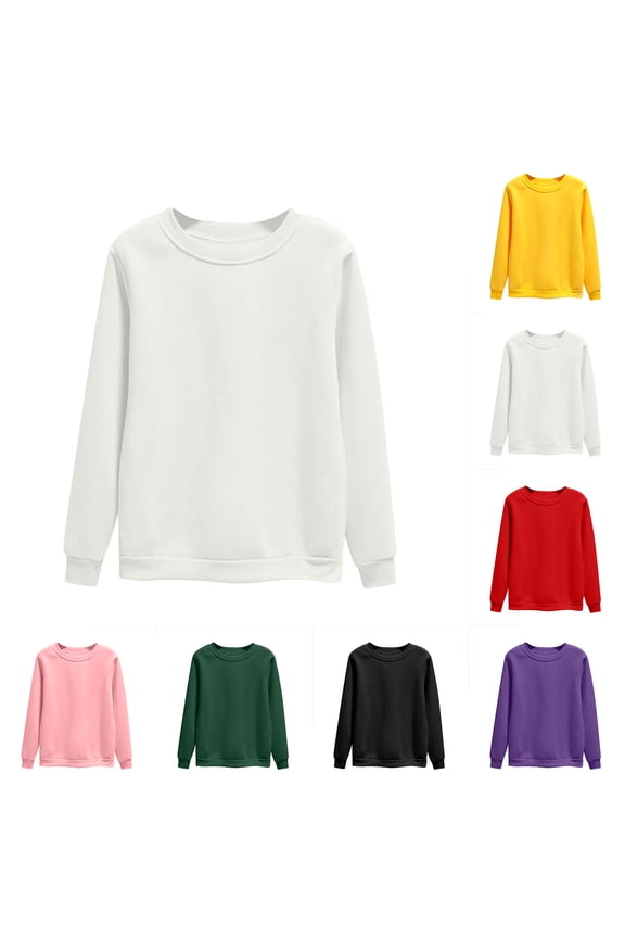 Trendy Womens Tops Sweatshirt White Long Sleeve Crew Neck Loose Solid Pullover Womans Tops Comfy