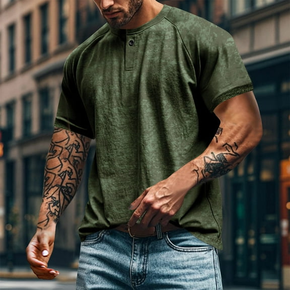 Aobny Tshirt Button Up Army Green Short Sleeve Casual Tee Pullover Camo Big & Tall Mens Graphic T-Shirts,XXXL