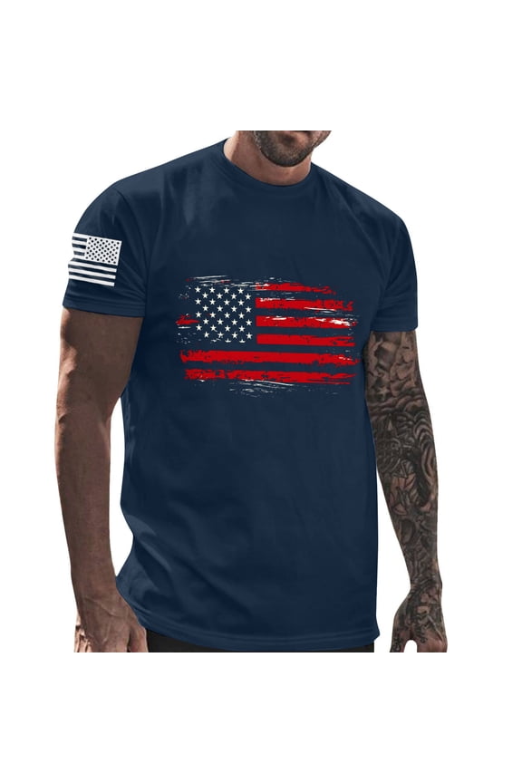 Tshirt Cotton Fourth of July Mens Clothing Big & Tall Short Sleeve Muscle High Neck T Shirt Men,Navy Blue,L
