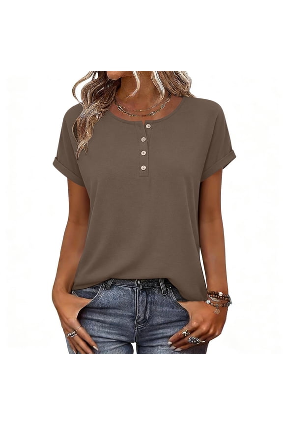 Tshirt Women Plain Cap Sleeve Button Up T-shirt Short Sleeve Brown Henley Oversized T-Shirt,L