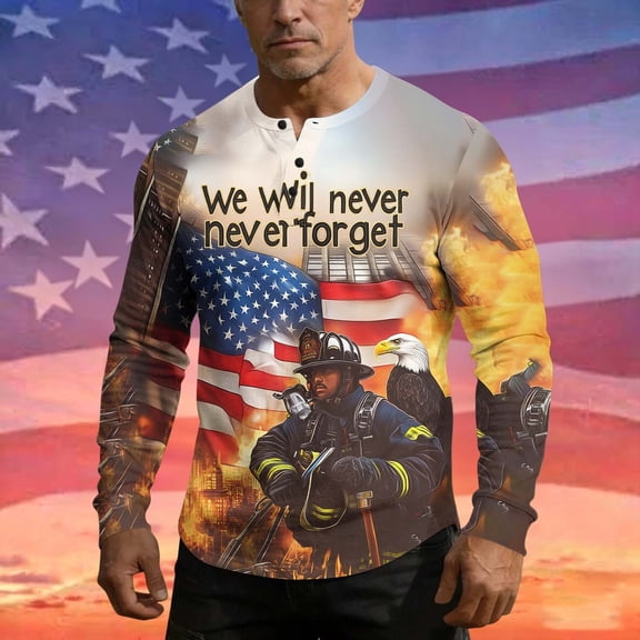 Aobny Tshirts Shirts for Men American Flag Fourth of July T Shirts Big & Tall Henley Long Sleeve Mens Tees,S