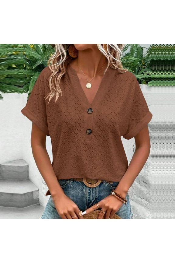 Tshirts Women Eyelet Button Brown Blouses & Tops Short Sleeve Blouse V-Neck Shirt for Women,L