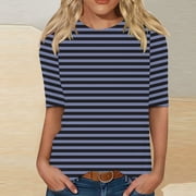 Aobny Tshirts for Women Striped Blue Casual T-Shirt Crew Neck Elbow-Length Womens Tees,M