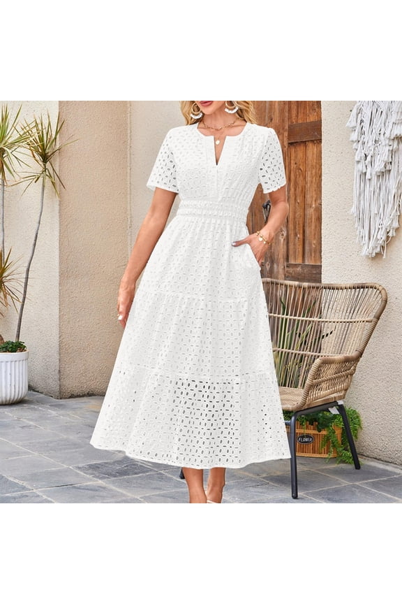 Tummy Control Sexy Dresses for Women Going Out White Cotton A-Line Eyelet Short Sleeve Midi Work Dresses for Women