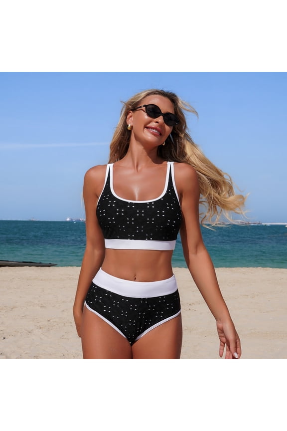 Tummy Control Swim Suits Eyelet Bikinis Women Swim Suit Set Crop-Top High Waist Black Bikini