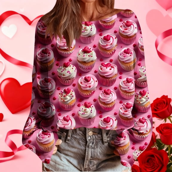 Aobny Tunic Plus Size Blouse Valentine Womens T-shirts Boat Neck Long Sleeve Pink Pullover Women Shirts Casual,L