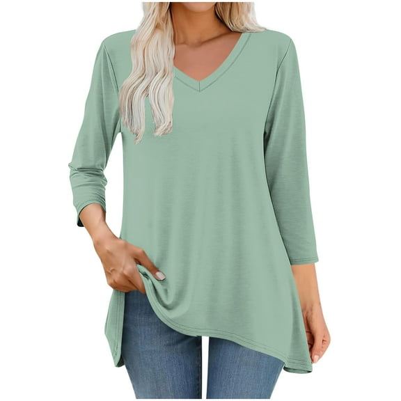 Aobny Tunic Women's Tops Long Shirt Green Blouses 3/4 Sleeve V-Neck Pullover Classy Tops for Women,XXL
