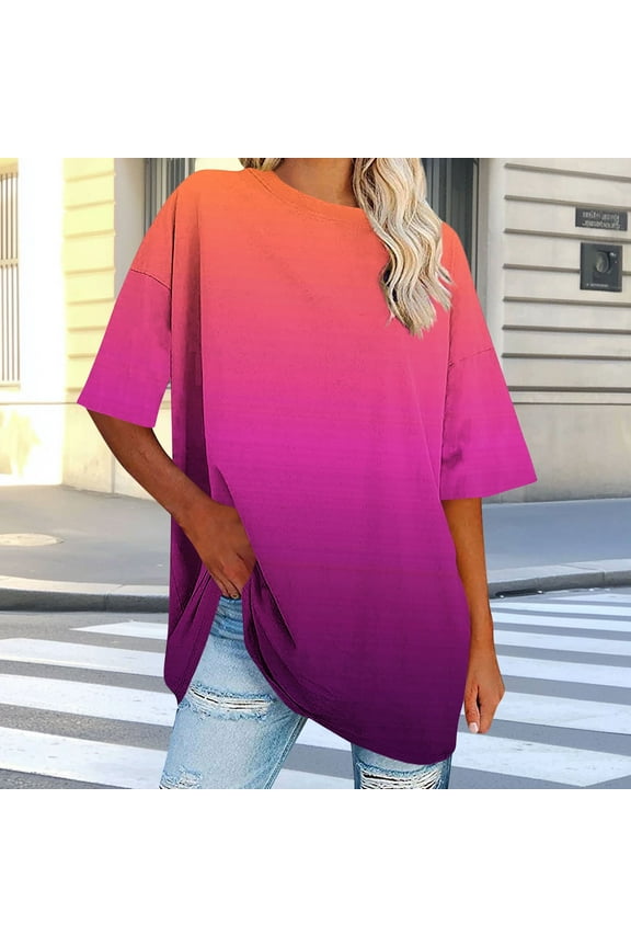 Tunic Womens Spring Tops 2025 Oversized Pink T-Shirt Elbow-Length Crew Neck Beach Tops