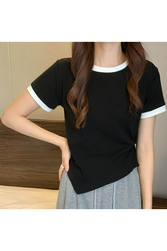 Twist Front T-Shirts Black Women T-Shirt Crew Neck Short Sleeve Ringer Womens Cute Tops,L