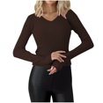 thumbnail image 1 of Aobny V-Neck T Shirts Ribbed Women Brown Long Sleeve Shirts Cotton Fancy Tops for Women,L, 1 of 5