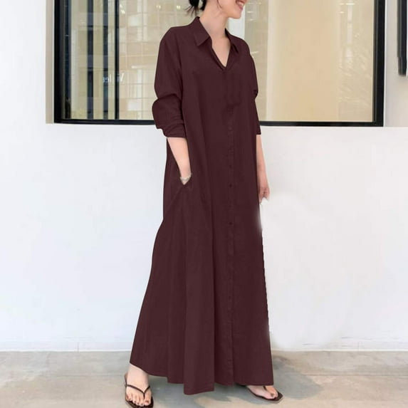 Aobny Vacation Dresses for Women 2025 Flowy Office Red Shirt Dress Long Sleeve Collared Maxi Night Out Dresses for Women