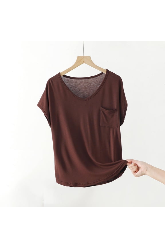 Vacation Tops for Women Brown with Pocket Modal T-Shirt V-Neck Short Sleeve Beachy Tops