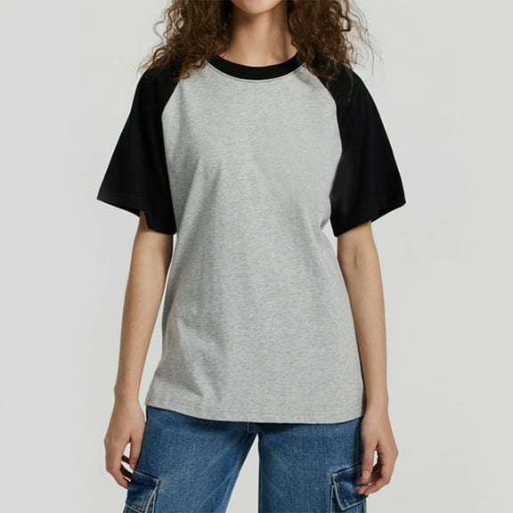 Aobny Vacation Tops for Women Raglan Cotton Gray T-Shirt Crew Neck Short Sleeve Plus Fashion Tops for Women Trendy