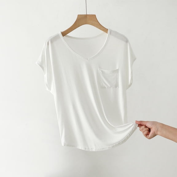 Aobny Vacation Tops for Women with Pocket White Modal T-Shirt V-Neck Short Sleeve Womens T-Shirt