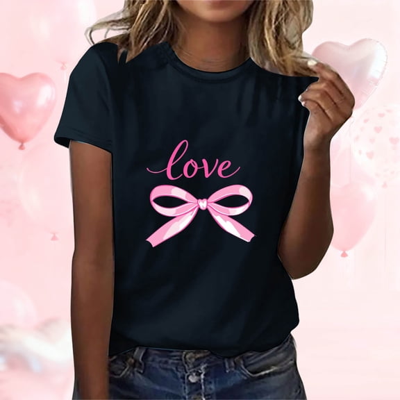 Aobny Valentine Womens T Shirts Cotton Tops Short Sleeve Crew Neck Black Pullover Dressy Blouses for Women,XXL
